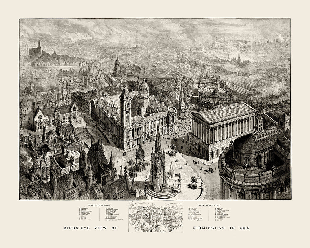 A vintage birds eye view of Birmingham in 1886.