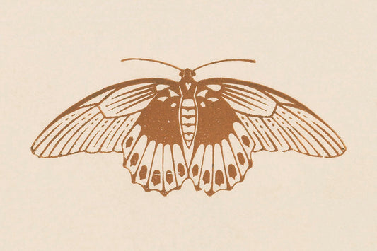 A woodblock print of a stylised butterfly.