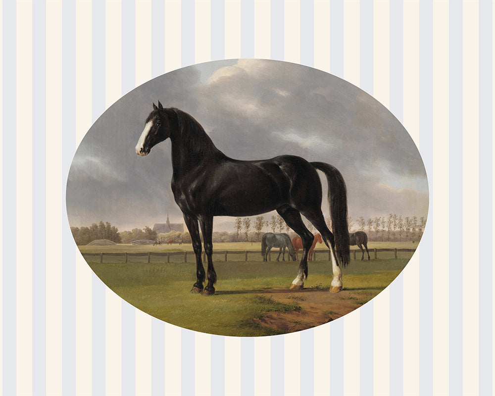 A sweet oval framed vintage print of a black horse, set upon a striped pattern background. Part of a pair.

Featuring cream, blue, black, rust, brown, green, grey, tan and white.
A museum-quality fine art print with a lightly textured, matt finish, using giclée printing techniques that won't fade.
