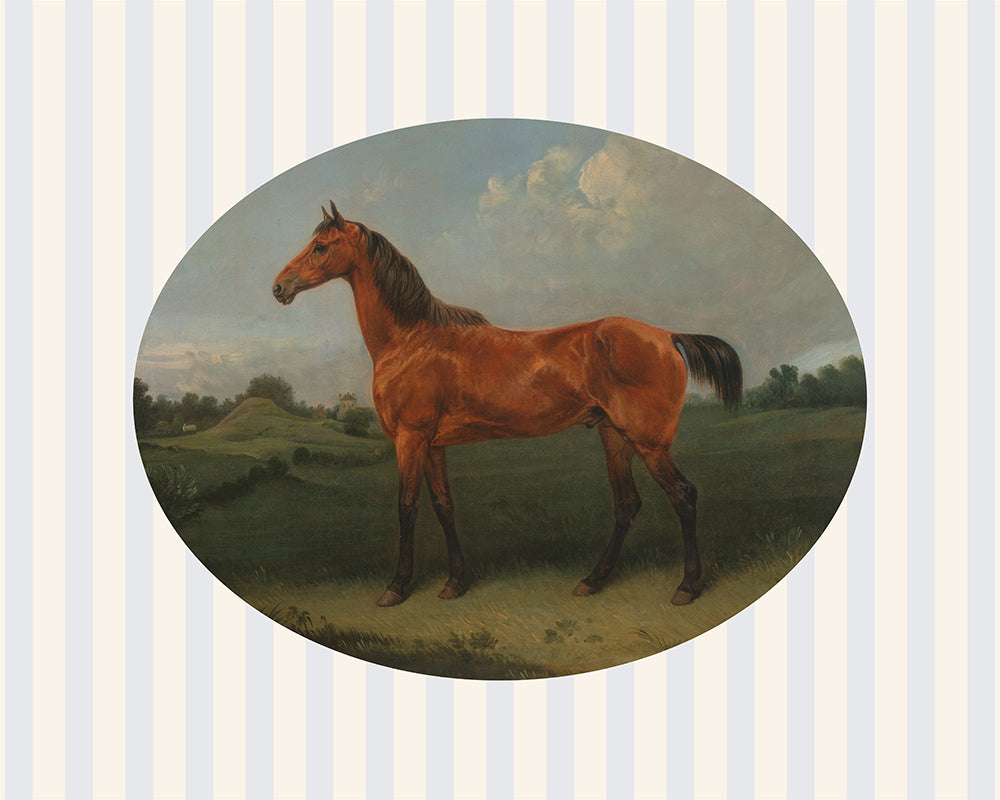 A sweet oval framed vintage print of a black horse, set upon a striped pattern background. Part of a pair.

Featuring cream, blue, black, rust, brown, green, grey, tan and white.
A museum-quality fine art print with a lightly textured, matt finish, using giclée printing techniques that won't fade.