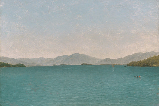 A serene vintage landscape painting of people boating on a lake.&nbsp;


Featuring grey, blue, green, red, black, ivory and blush.
A museum-quality fine art print with a lightly textured, matt finish, using giclée printing techniques that won't fade.