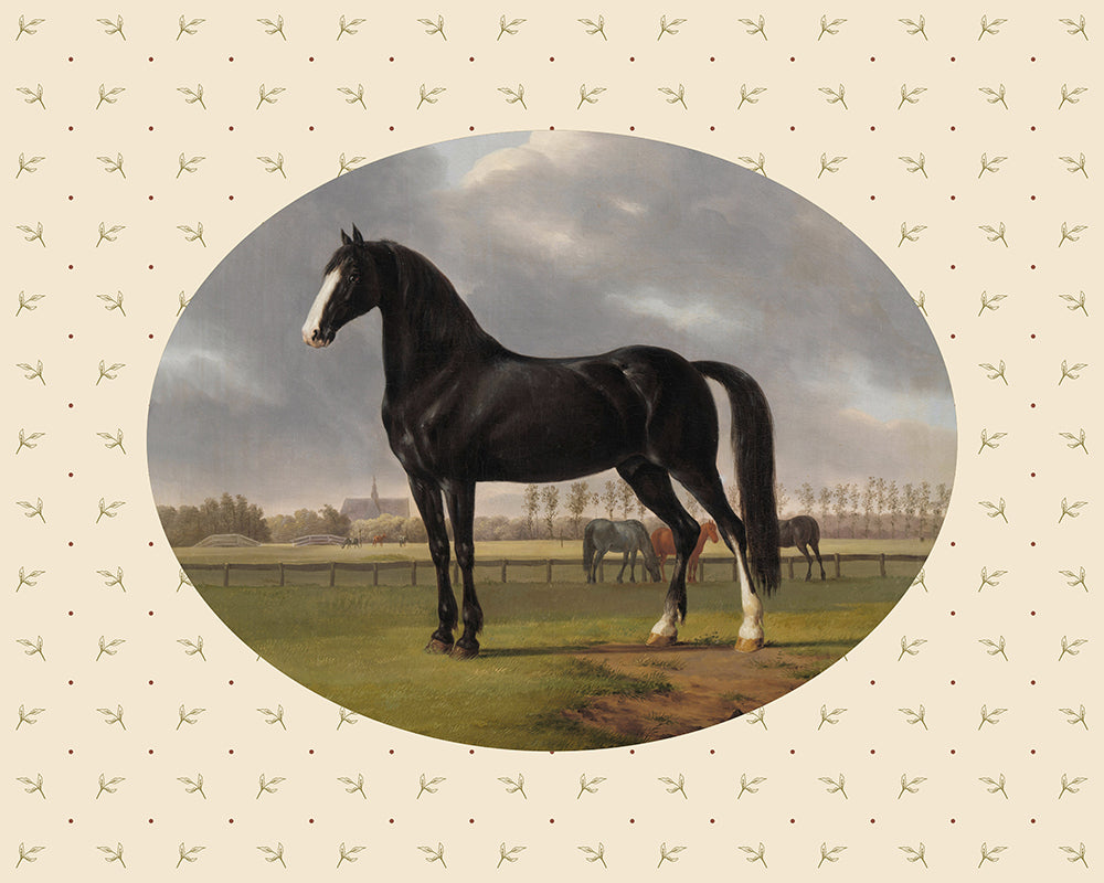 A sweet oval framed vintage print of a black horse, set upon a botanical pattern background. Part of a pair.

Featuring cream, blue, black, rust, brown, green, grey, tan and white.
A museum-quality fine art print with a lightly textured, matt finish, using giclée printing techniques that won't fade.