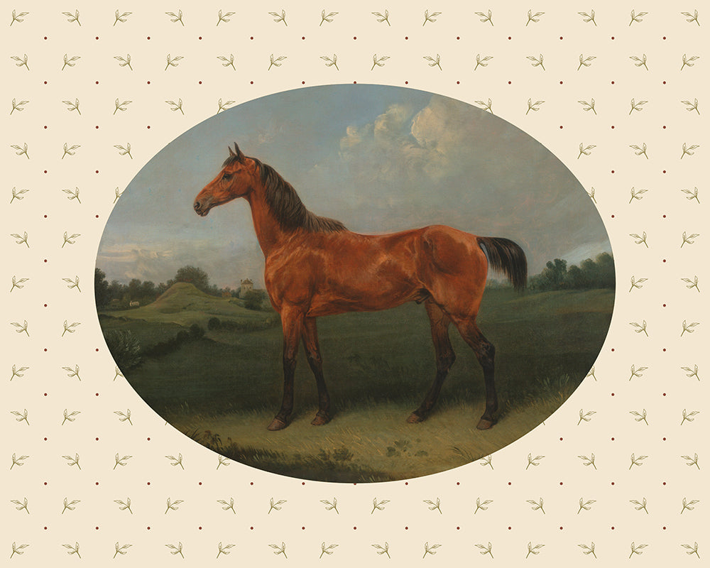 A sweet oval framed vintage print of a brown horse, set upon a botanical pattern background. Part of a pair.

Featuring cream, blue, black, rust, brown, green, and grey.
A museum-quality fine art print with a lightly textured, matt finish, using giclée printing techniques that won't fade.