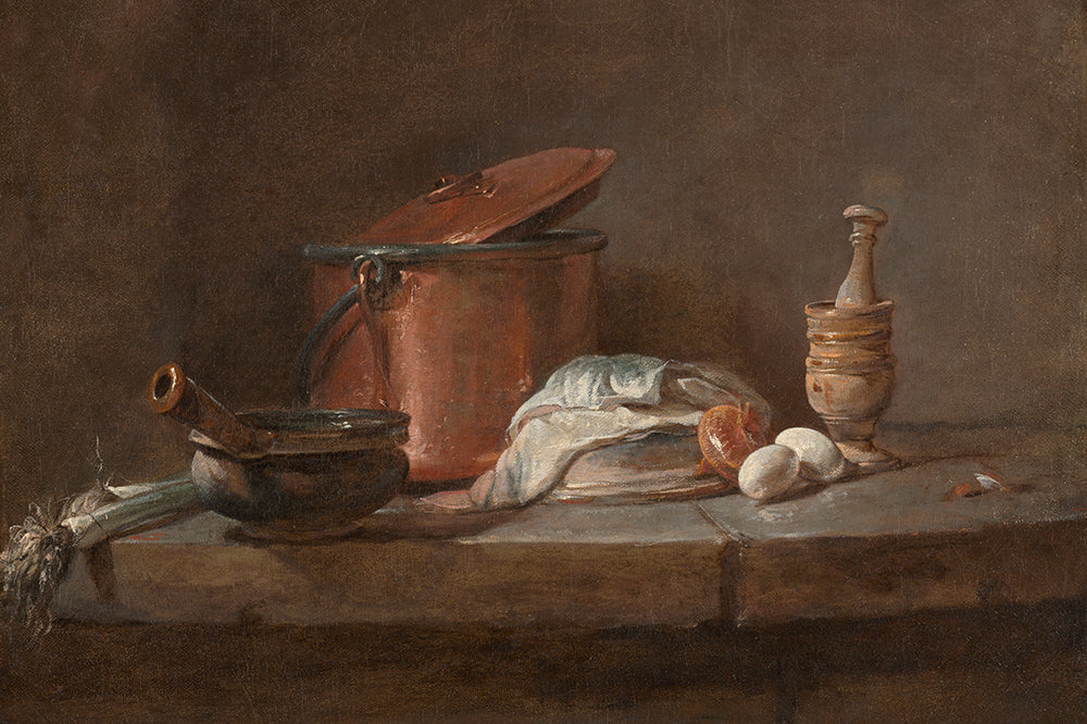 Still life painting with a copper pot, mortar and pestle, and other items on a stone surface.