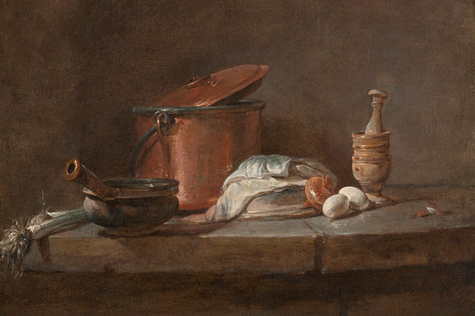 Still life painting with a copper pot, mortar and pestle, and other items on a stone surface.