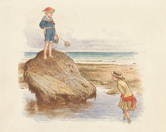 A whimsical vintage illustration of 2 children playing in rock pools on the beach.&nbsp;

Featuring cream, blue, brown, red, blush, caramel, tan and green.
A museum-quality fine art print with a lightly textured, matt finish, using giclée printing techniques that won't fade.