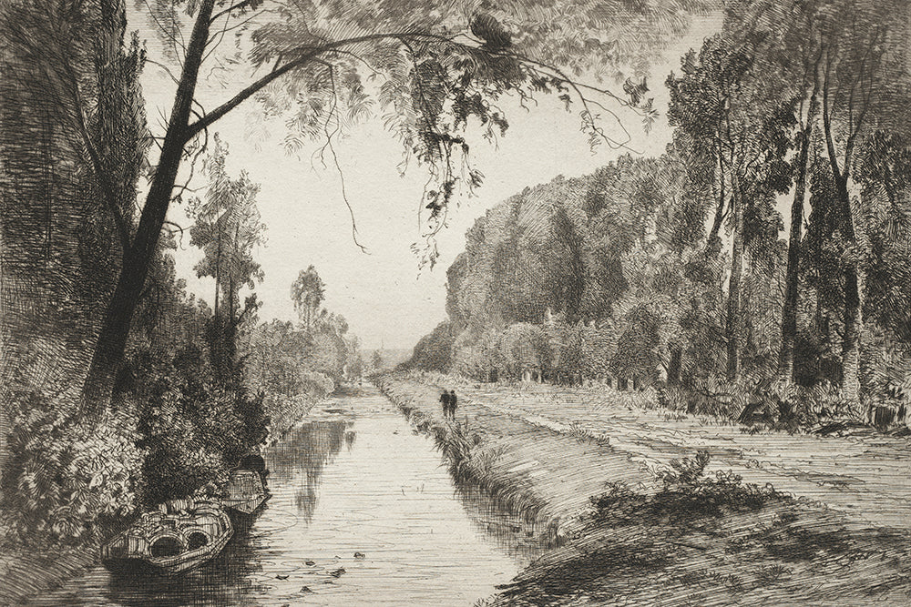 Experience the beauty of this vintage etching featuring a canal, complete with a boat and passersby in the background. The textured design adds warmth to any interior.

Featuring black, grey and vintage ivory.
A museum-quality fine art print with a lightly textured, matt finish, using giclée printing techniques that won't fade.