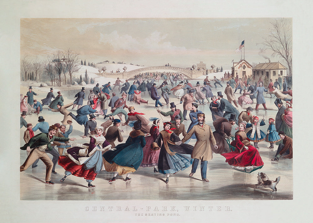 Vintage illustration of people ice skating in Central Park, New York.
