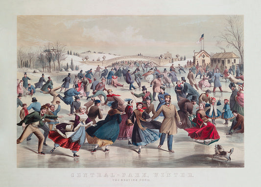Vintage illustration of people ice skating in Central Park, New York.