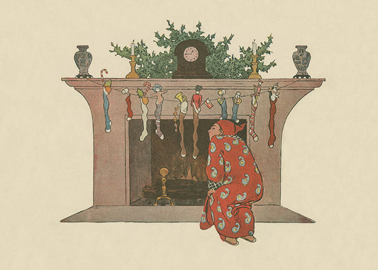 A charming scene of a man gazing hopefully up the chimney in anticipation of Santa's arrival.&nbsp;

Featuring vintage cream, red, brown, tan, green, black, blue, white, pink and yellow.
A museum-quality fine art print with a lightly textured, matt finish, using giclée printing techniques that won't fade.