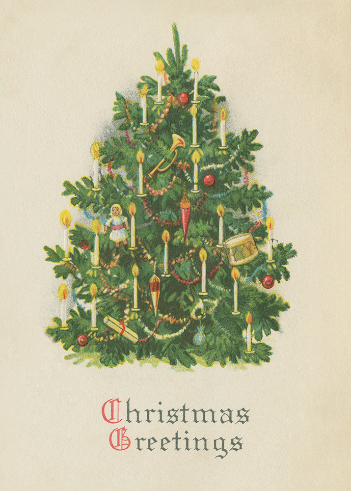 A vintage whimsical Christmas Tree Print with the words 'Christmas Greetings' beneath it.

Featuring cream, green, red, yellow, black, blue and tan.
A museum-quality fine art print with a lightly textured, matt finish, using giclée printing techniques that won't fade.