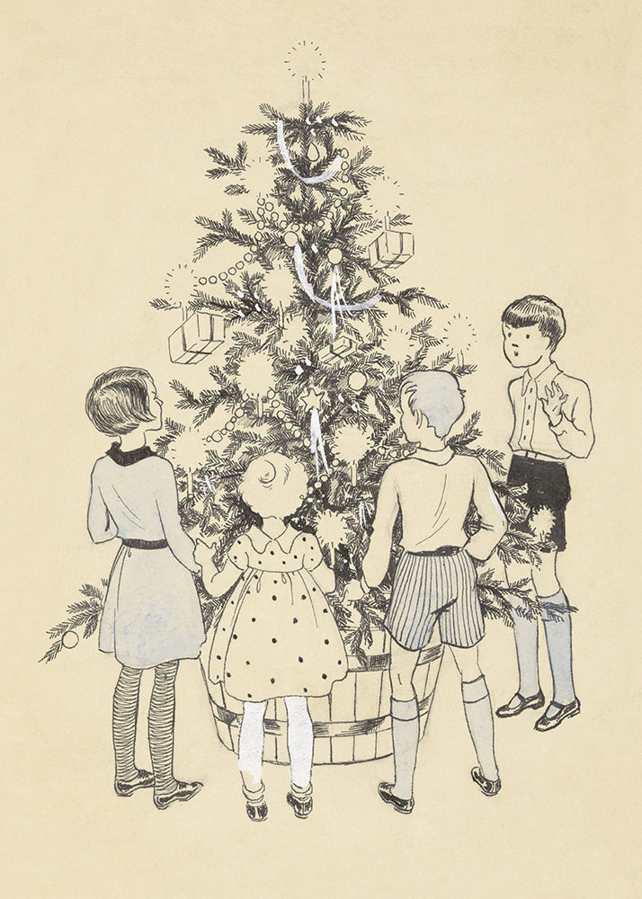 Illustration of children around a decorated Christmas tree on a beige background