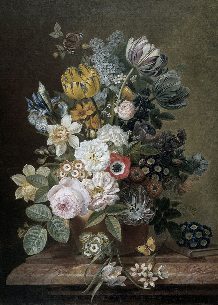 A dark and moody, classical painting of flowers. This painting has a lovely vintage patina.