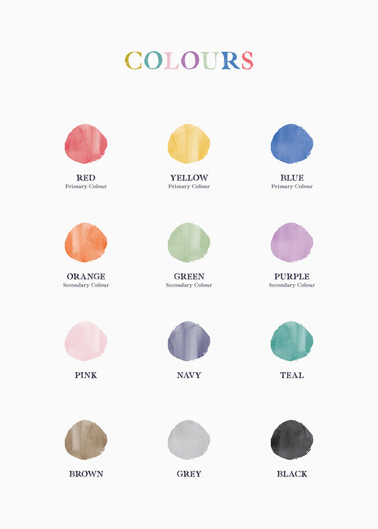 A charming piece of artwork to assist young children in learning their colors.

Featuring midnight blue, teal, lime, sage green, bright blue, apricot, indigo and blush.
A museum-quality fine art print with a textured, matt finish, using giclée printing techniques that won't fade.