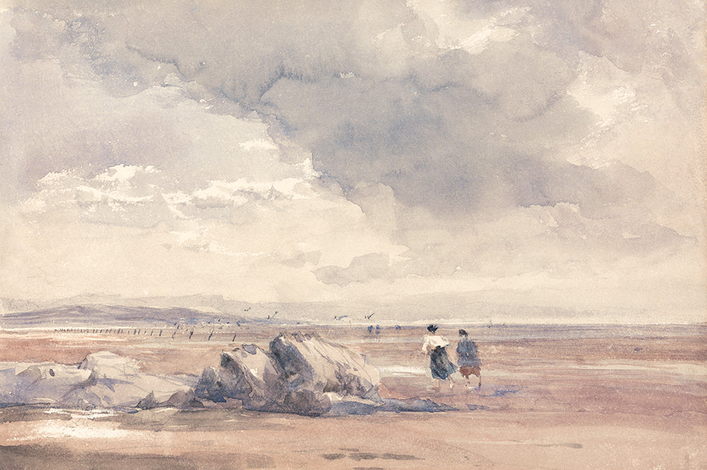 A charming watercolour of a windswept beach at low tide.