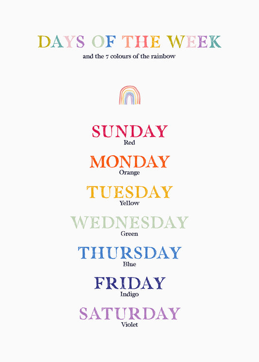 A charming artwork that assists children in mastering both the 7 days of the week and the colours of the rainbow. Part of a learning series.

Featuring midnight blue, teal, lime, sage green, bright blue, apricot, indigo and blush.
A museum-quality fine art print with a textured, matt finish, using giclée printing techniques that won't fade.