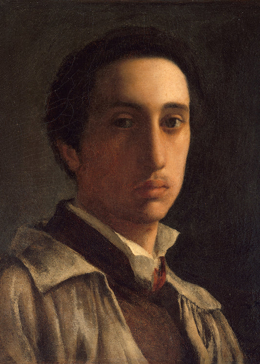 A dark and moody self-portrait of a young Degas in his smock.

Featuring brown, grey, blush, beige, rust and ivory.
A museum-quality fine art print with a lightly textured, matt finish, using giclée printing techniques that won't fade.