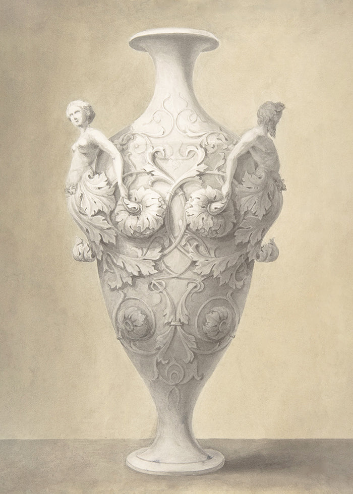 A painting of a marble earn featuring decorative scrolls with female and male figurines.