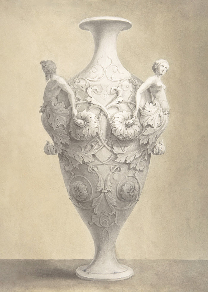 A painting of a marble urn featuring decorative scrolls with female and male figurines. This print is a flipped version of urn 1, use this print to create a pairing.