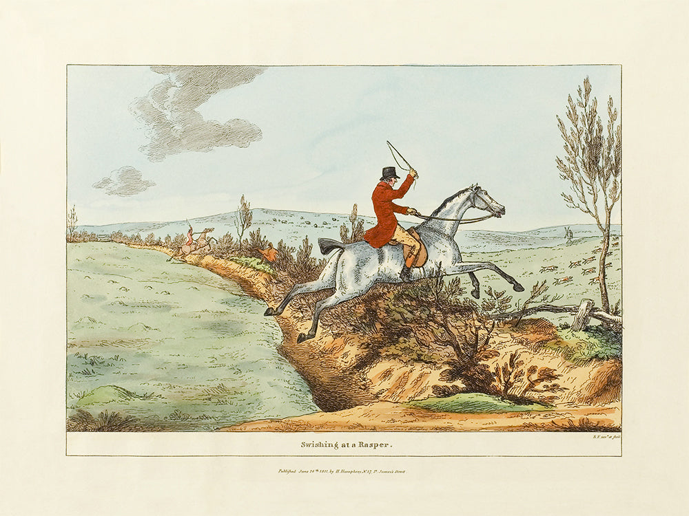 A vintage lithograph of a man on horseback jumping a fence in an English fox hunt. Part of a pair.

Featuring cream, red, black, green, blue, white, brown and tan.
A museum-quality fine art print with a lightly textured, matt finish, using giclée printing techniques that won't fade.