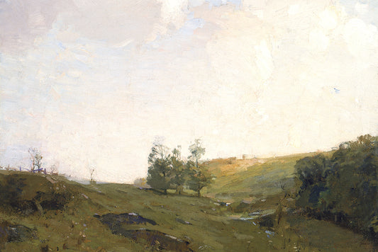 A vintage painting of&nbsp;a hill with trees, set against the sky.