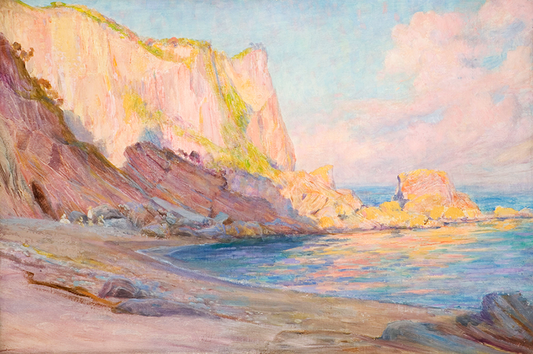 A serene pastel beach painting in the impressionist style, illuminated by the soft glow of early evening light.

Featuring soft pink, mauve, blue, green and yellow.
A museum-quality fine art print with a lightly textured, matt finish, using giclée printing techniques that won't fade.