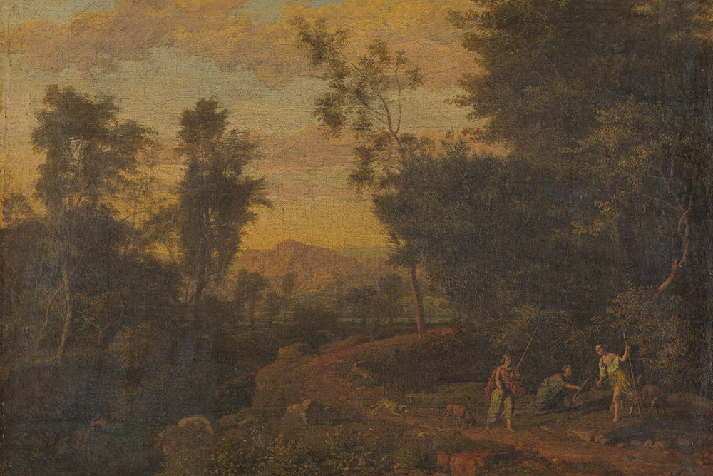 Vintage landscape with trees and people under a warm sky