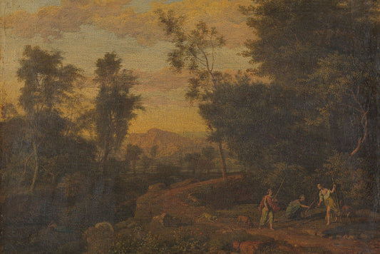 Vintage landscape with trees and people under a warm sky