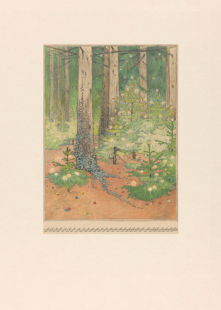 A sweet whimsical little drawing of forest dressed in twinkling fairy lights.

Featuring green, brown, yellow, cream, beige, grey, blue and red.
A museum-quality fine art print with a lightly textured, matt finish, using giclée printing techniques that won't fade.