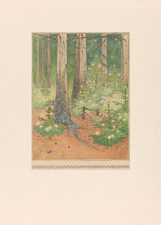 A sweet whimsical little drawing of forest dressed in twinkling fairy lights.

Featuring green, brown, yellow, cream, beige, grey, blue and red.
A museum-quality fine art print with a lightly textured, matt finish, using giclée printing techniques that won't fade.
