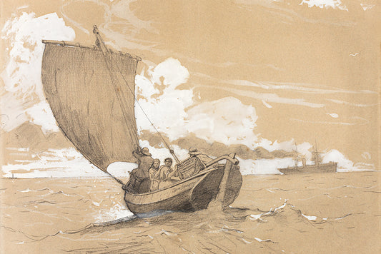 A charming, textured and tonal sketch of a small sailing boat heading into shore.

Featuring beige, grey and white.
A museum-quality fine art print with a lightly textured, matt finish, using giclée printing techniques that won't fade.