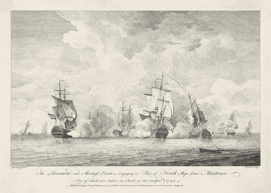 A vintage lithograph of tall ships in a sea battle. Part of a pair.

Featuring sepia tones and black.
A museum-quality fine art print with a lightly textured, matt finish, using giclée printing techniques that won't fade.