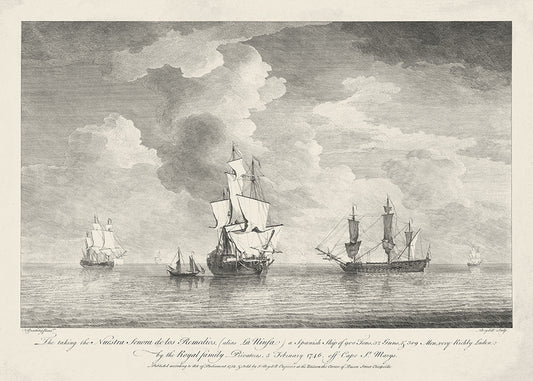 A vintage lithograph of tall ships in a sea battle. Part of a pair.

Featuring sepia tones and black.
A museum-quality fine art print with a lightly textured, matt finish, using giclée printing techniques that won't fade.