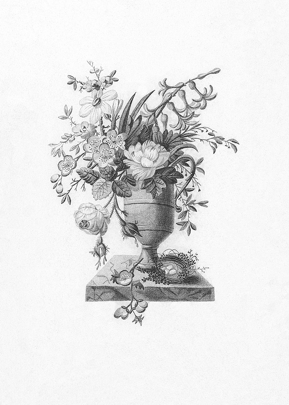 An 18th century black and white lithograph of a vase of flowers. This print is part of a set.