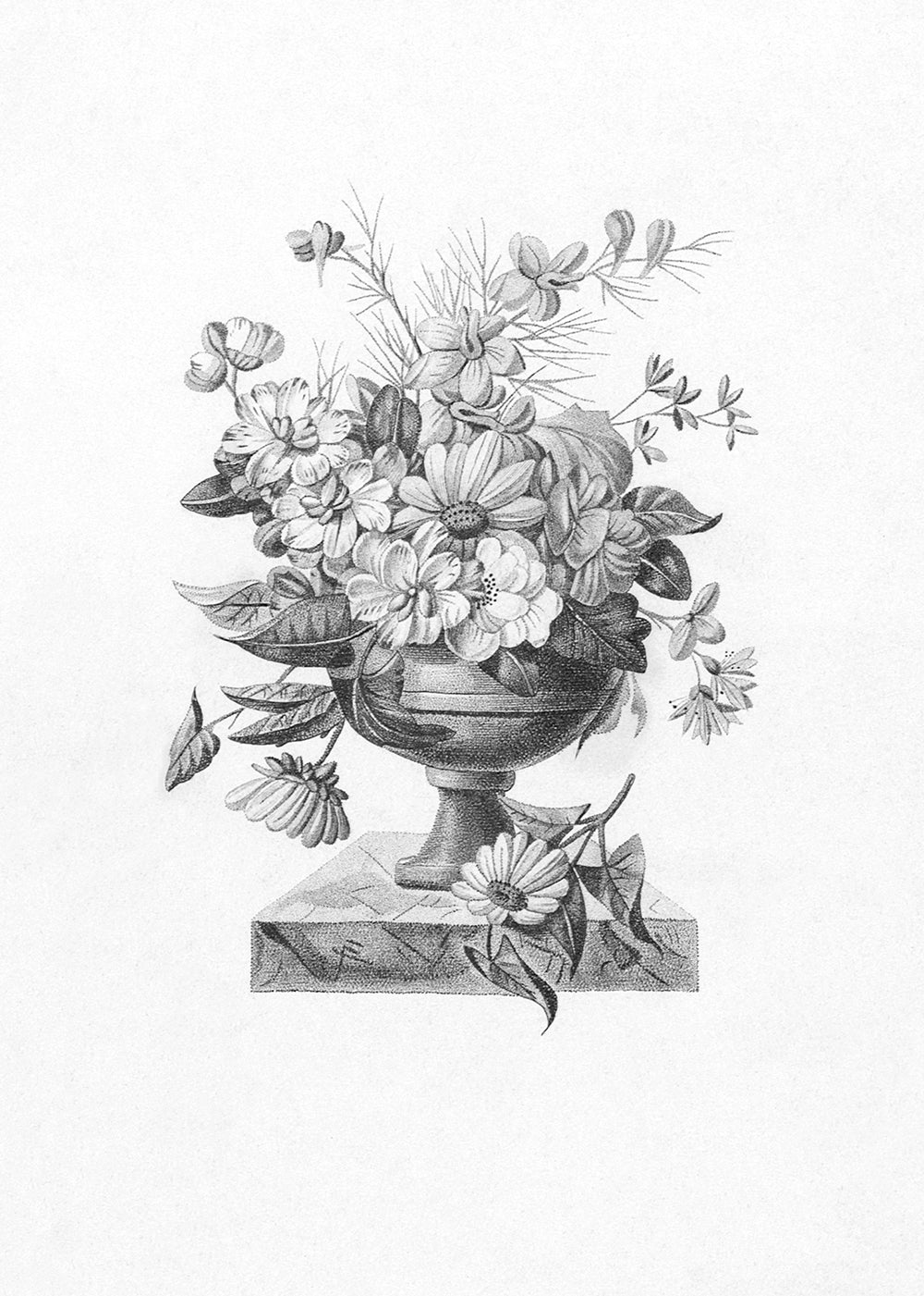 An 18th century black and white lithograph of a vase of flowers. This print is part of a set.