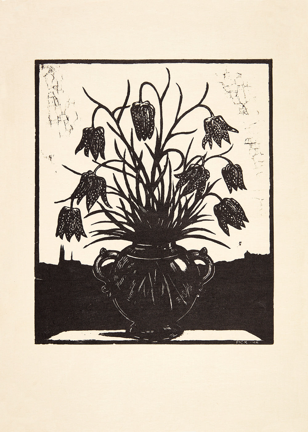 A&nbsp;charming wood block print of a vase of flowers.