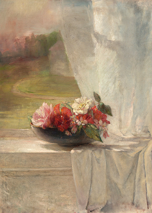 A pretty, pastel coloured impressionist painting of flowers on a window sill.