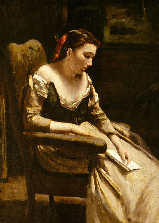 A rustic vintage portrait of a seated forlorn lady holding a letter. Delightfully moody and textured.

Featuring shades of olive green, beige, brown, soft caramels, golds, tans, black and warm red.
A museum-quality fine art print with a lightly textured, matt finish, using giclée printing techniques that won't fade.
Artist: Camille Corot
