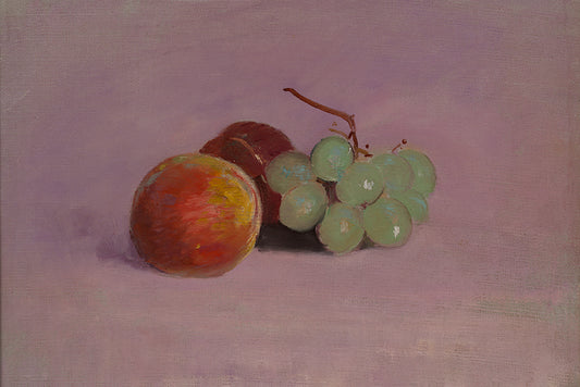 A sweet little still life of fruit set upon a purple toned backdrop. This would look adorable framed classic or modern.

Featuring mauve, indigo, green, orange, yellow, brown, plum, white and purple.
A museum-quality fine art print with a lightly textured, matt finish, using giclée printing techniques that won't fade.
Artist: Odilon redon