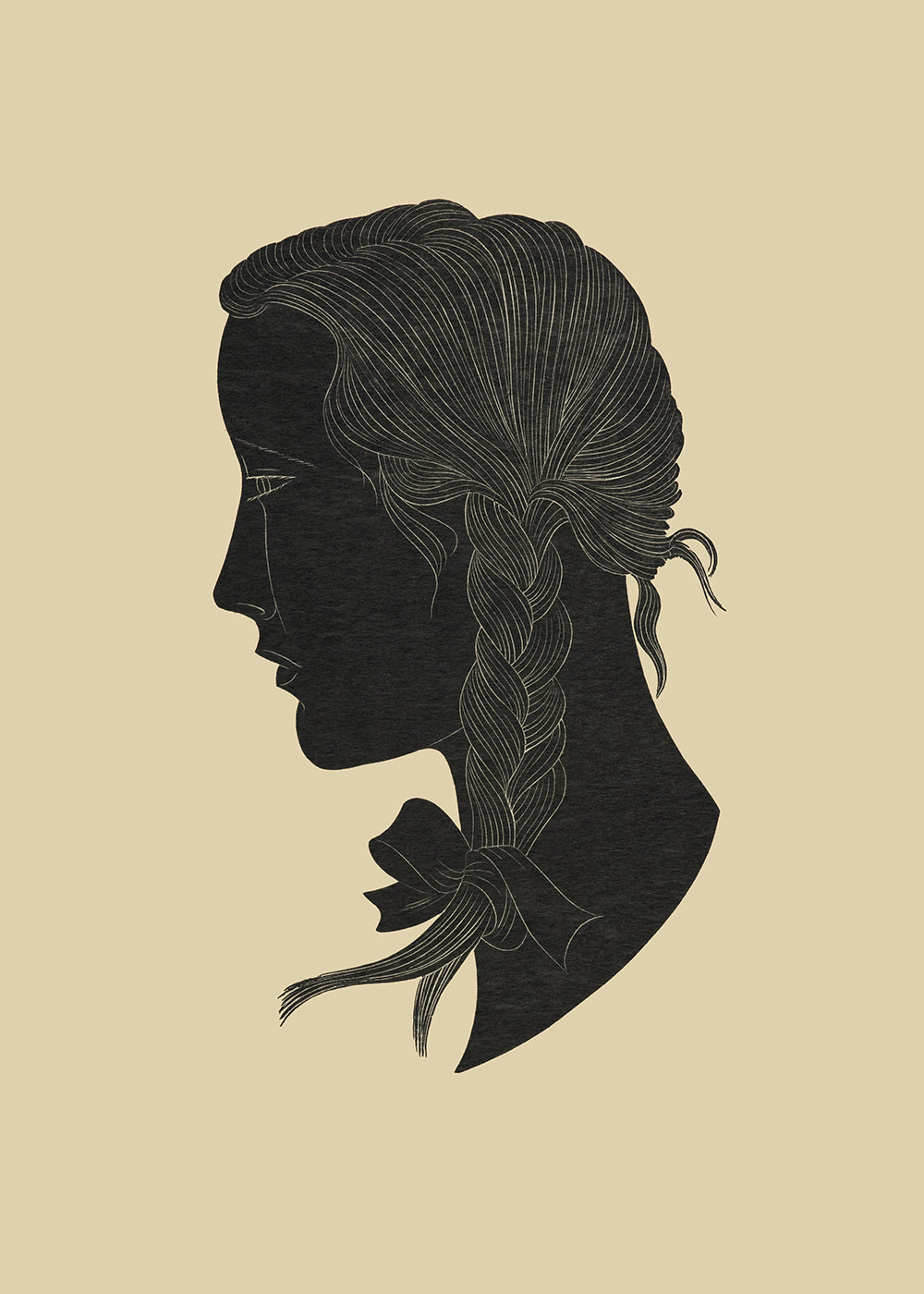 A simple black profile study of a girl with plaits.