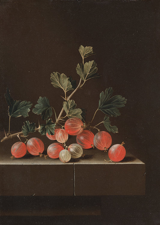 A dark and moody vintage painting of red gooseberries on a kitchen bench set against a dark brown backdrop.