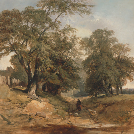 Landscape painting of a person on horseback walking along a path with trees and a fence in the background.