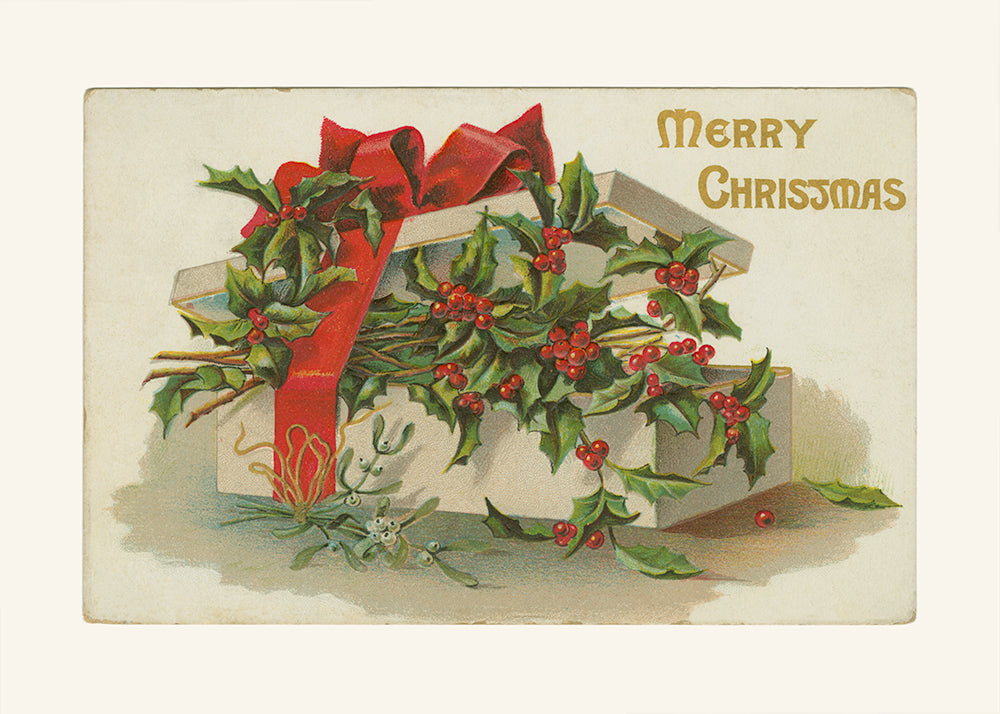 Vintage-style Christmas card with holly and red ribbon on a white background