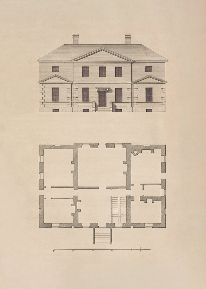 Architectural drawing of a house with a floor plan below on a beige background