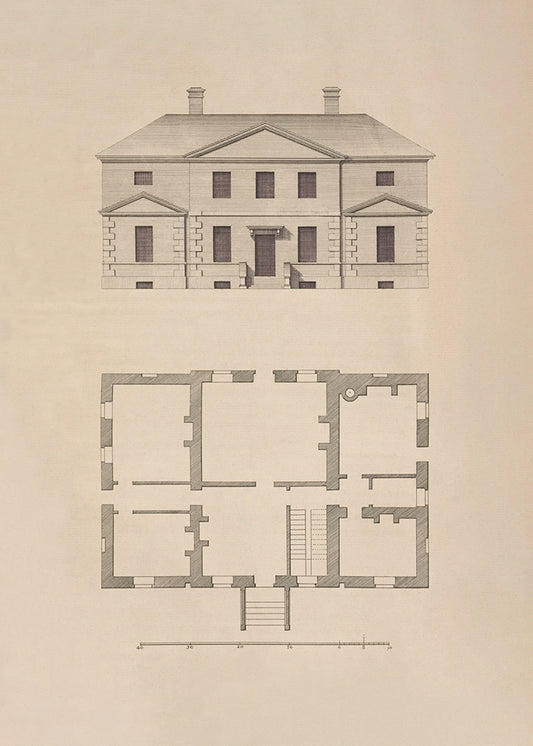 Architectural drawing of a house with a floor plan below on a beige background