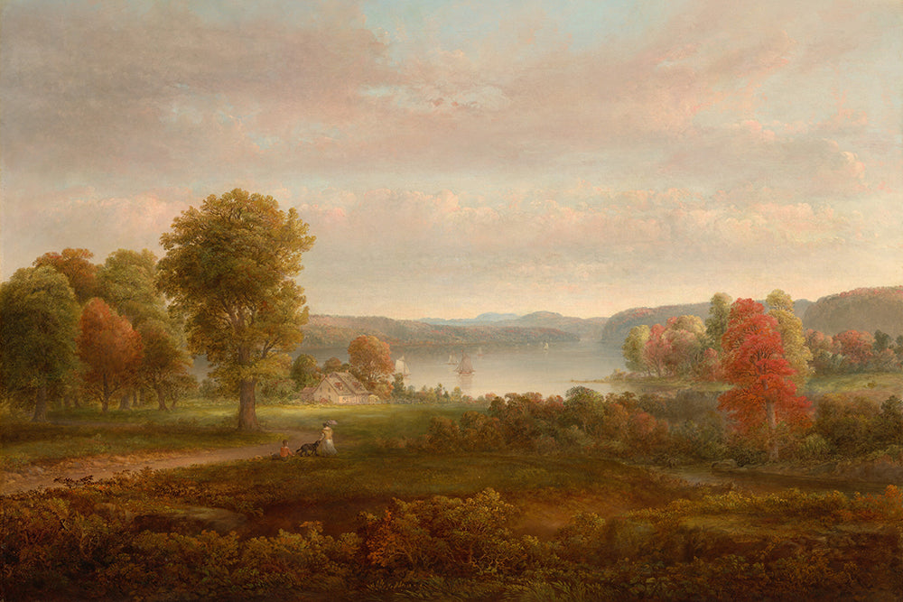 A traditional, vintage landscape painting of a view across the Hudson River.&nbsp;