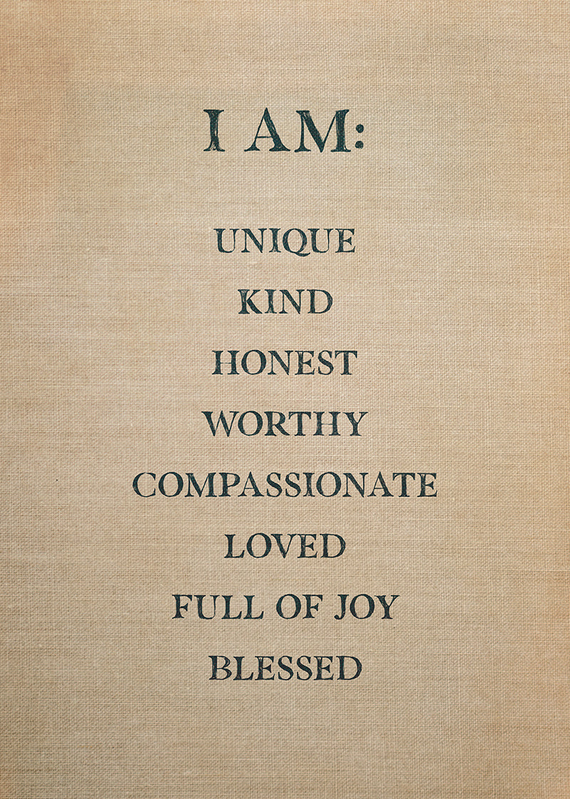 A personal affirmation print, written in navy text on a linen background.