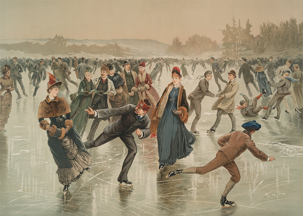 Vintage illustration of people ice skating on a frozen lake.