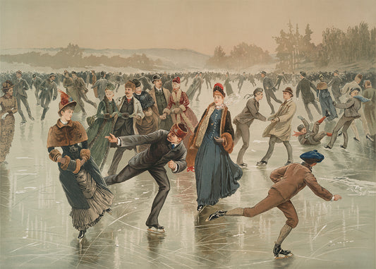 Vintage illustration of people ice skating on a frozen lake.