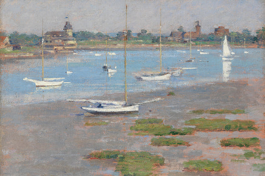An ambient vintage painting of a coastal village harbour. This print has a lovely texture that will add warmth to any room.

Featuring blue, white, green, grey, mauve, tan and rust.
A museum-quality fine art print with a lightly textured, matt finish, using giclée printing techniques that won't fade.